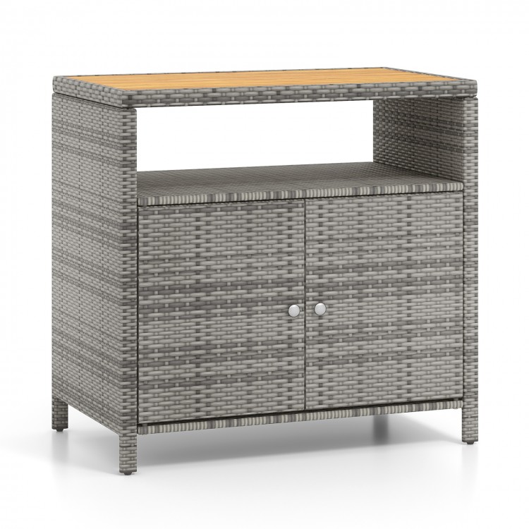 Rattan storage cabinet with acacia wood countertop, featuring 2 doors and a stylish gray design for outdoor patio use.